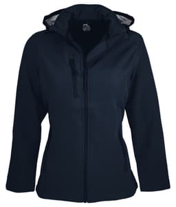 A navy blue soft shell jacket with a hood and zippered pockets, featuring a logo on the front.