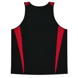 A black singlet with red side panels, featuring a logo on the front.