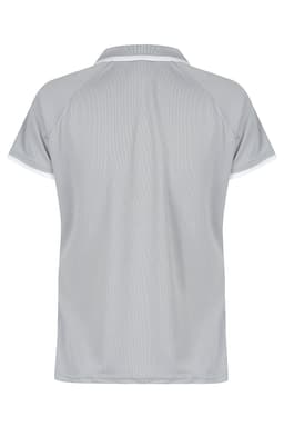 A grey polo shirt featuring a collar and short sleeves, with contrasting trim and a logo on the back.