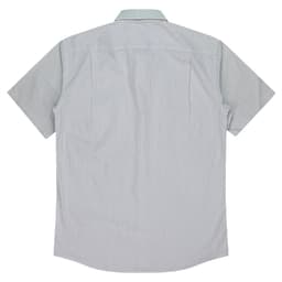 A short-sleeve button-up shirt in light grey with a striped pattern and a back view featuring a logo.