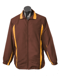 A brown track jacket with yellow stripes, featuring a zip front and a collar. It has a logo on the left side.