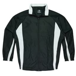 A dark green track top with white side panels and a zip front. It features a collar and elasticated cuffs.