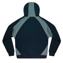 A men's hoodie featuring a combination of dark green and light grey panels, with a hood and ribbed cuffs.