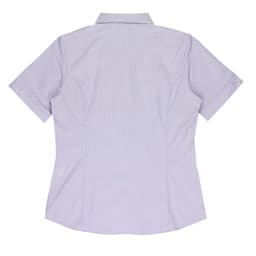 A short-sleeve button-up shirt in pale purple, featuring a tailored fit and a subtle texture. Includes a logo.