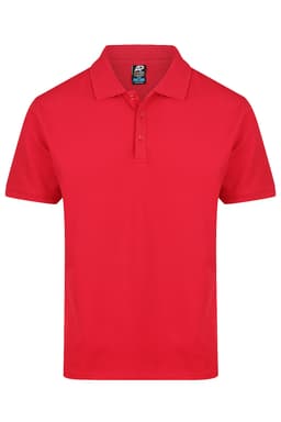 A red polo shirt with a collar and three buttons, featuring a small logo on the label.