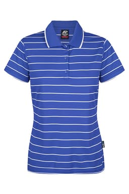 A blue and white striped polo shirt with a collar and buttons, featuring a logo on the front.