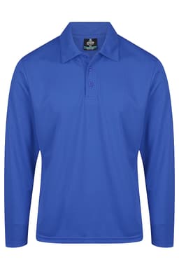 A long-sleeve polo shirt in a vibrant blue shade, featuring a collar and three buttons. Includes a logo on the chest.