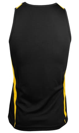 A black singlet with yellow side stripes and a logo on the back.