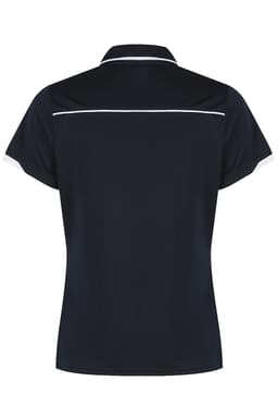 A navy polo shirt with contrasting white accents and a logo at the back. Suitable for casual or sportwear.
