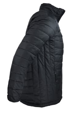 A black puffy men's jacket with a high collar and side zipper pockets, featuring a logo.