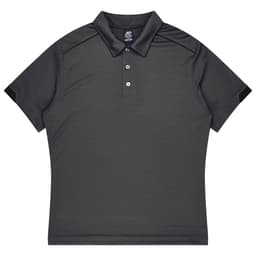 A dark grey polo shirt with a collar and short sleeves, featuring a logo on the chest area.