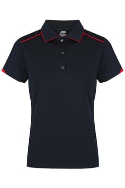 A navy polo shirt with red accents, featuring a collar and button placket. Includes a branding logo.