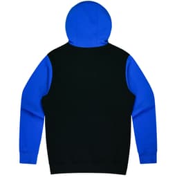 A hoodie featuring a blue hood and sleeves with a black body, complete with a logo.