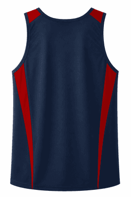 A men's singlet in navy blue with red accent panels on the shoulders. It features a logo on the back.
