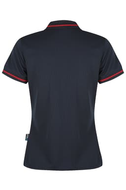 A navy polo shirt featuring red trim, with a classic collar and short sleeves, displayed from the back.