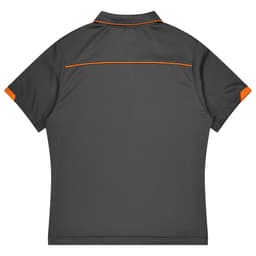 A grey polo shirt with orange accents and a logo on the back, part of a sports uniform collection.