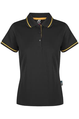A black polo shirt with a yellow collar and sleeve trim, featuring a logo. Suitable for casual or semi-formal wear.