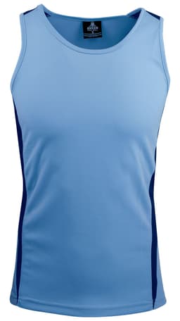 A light blue men's singlet featuring navy side panels and a logo on the collar.