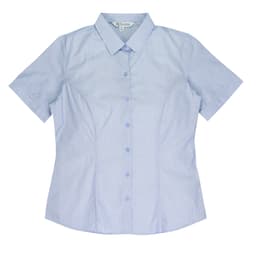 A short-sleeve button-up shirt in light blue with a fitted design and a logo.
