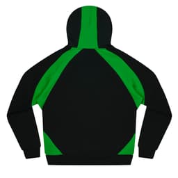 A black hoodie with green accents and a hood, featuring a logo on the back.