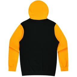 A black hoodie with bright yellow sleeves and hood, featuring a logo on the back.