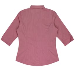 A button-up shirt featuring a 3/4 sleeve design in a pinkish-red fabric, with a fitted silhouette and back pleating.