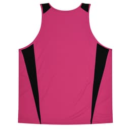 A sleeveless singlet in magenta with black side accents and a logo.