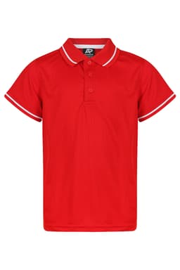 A red polo shirt with white trim and a collar, featuring a logo on the tag.