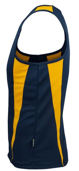 A navy blue singlet featuring yellow stripes, with a logo on the side.