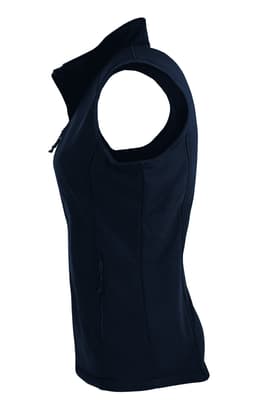 A black women's vest with a zip and sleeveless design, featuring a side view and a logo on the fabric.