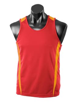 A red singlet with yellow accents, displayed on a mannequin torso. Features a logo on the garment.