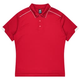 A red polo shirt featuring a collar and short sleeves, with contrasting white accents and a logo.