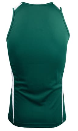 A green men's singlet with white side stripes and a fitted design. It features a logo on the back.