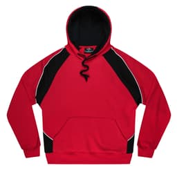 A red and black hoodie with a front pocket and hood. Features contrasting sleeves and a logo.