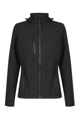 A black soft shell jacket with zippered pockets and a stand-up collar. It features a logo on the front.