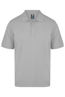 A light grey polo shirt with a classic collar and three-button placket, featuring a logo on the chest area.