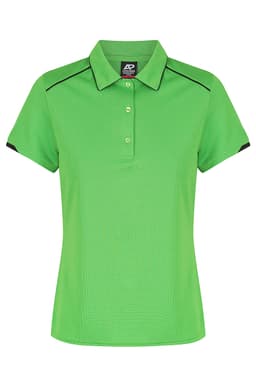 A bright green polo shirt with a collar and a logo, featuring black accents on the sleeves.