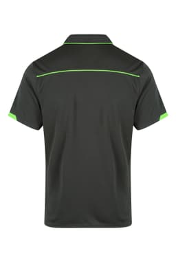 A dark green polo shirt with contrasting green accents. Features a collar and short sleeves. Includes a logo.