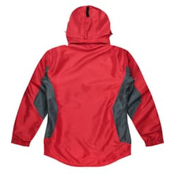 A red and grey jacket with a hood, featuring side panels and elastic cuffs. The back view is prominently displayed.