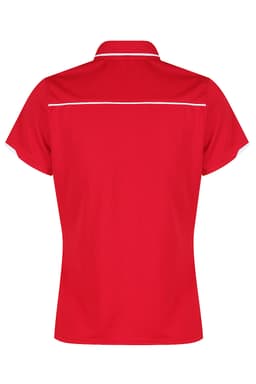 A red polo shirt featuring a white trim, with a classic collar and short sleeves. It includes a logo on the garment.