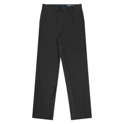 A pair of black pleated men's pants with a logo on the waistband. The pants feature a classic slack design.