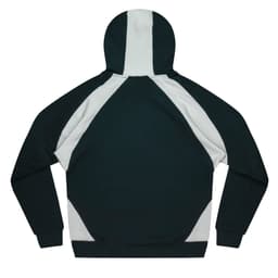 A dark green hoodie with grey contrast panels and a hood. It features a simple design with long sleeves.