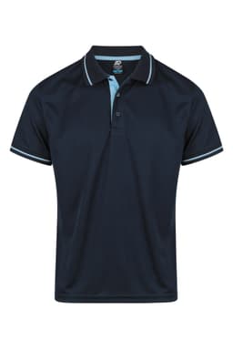 A navy blue polo shirt with light blue accents and a logo on the chest. Short sleeves and a classic collar design.