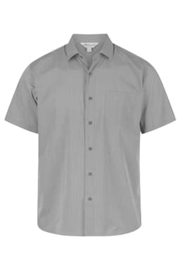 A short-sleeve button-up shirt in a light grey colour with a chest pocket and a logo.