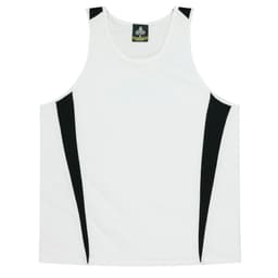 A white singlet featuring black side panels and a logo at the collar. Suitable for kids.