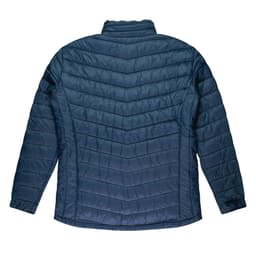 A navy blue jacket with a chevron quilted pattern and a high collar. It has a logo on the sleeve.