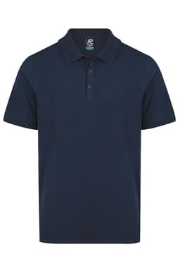 A navy polo shirt with a collar and a three-button placket. It features a logo on the label.