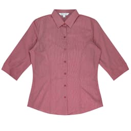 A button-up shirt with 3/4 sleeves in a light red colour, featuring a collar and a logo.