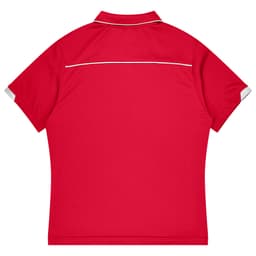 A red children's polo shirt with short sleeves and a contrasting collar, featuring a logo on the back.