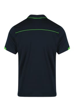 A navy polo shirt featuring green accents, with a simple design and a branded logo.